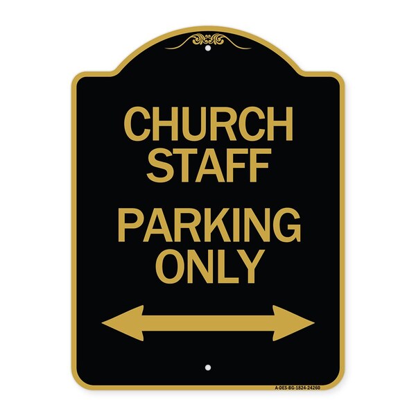 Church Staff Parking W/ Bidirectional Arrow, Black & Gold Aluminum Sign, 18" x 24", BG-1824-24260